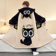 卡通小猫睡袍睡衣青少年男款珊瑚绒秋冬季加肥加大码加绒加厚套装