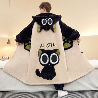 小猫睡袍男款珊瑚绒冬季加厚套装