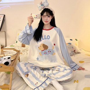 纯棉睡衣女款春秋季长袖卡通可爱腊肠狗加大码全棉套头家居服套装