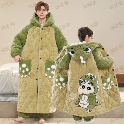 父子冬季三层夹棉蜡笔小新睡袍