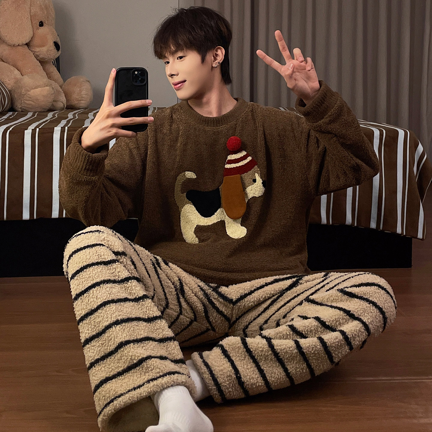 半边绒男款秋冬季加厚小狗家居服