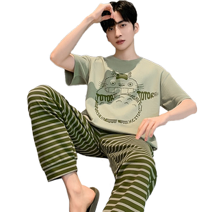 青少年男士睡衣短袖长裤夏季薄款纯棉家居服夏款大码男孩全棉套装