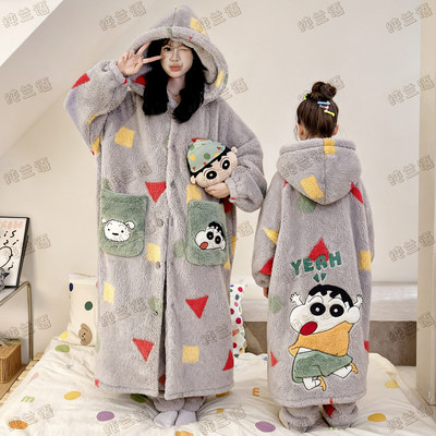冬季蜡笔小新珊瑚绒母女睡袍套装