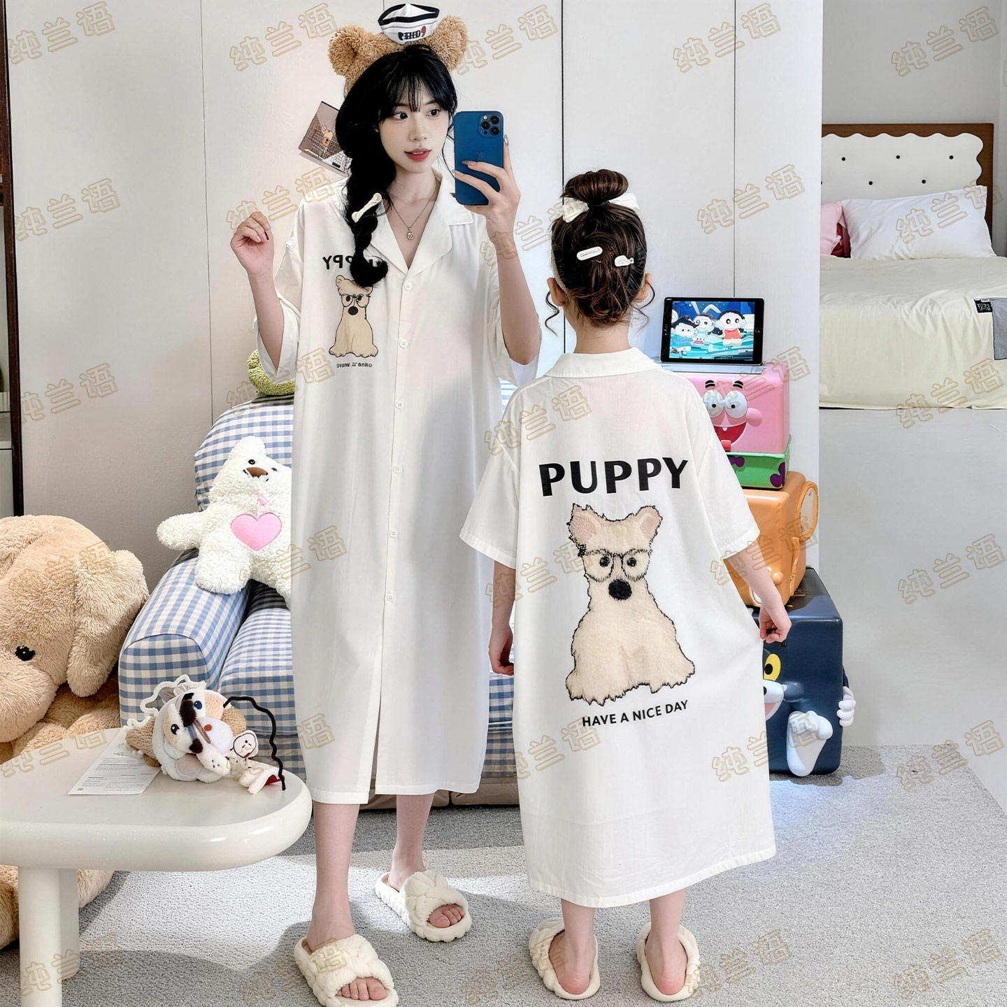 母女夏季莫代尔短袖带胸垫睡裙