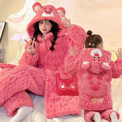 草莓熊亲子睡衣女冬三层夹棉睡袍