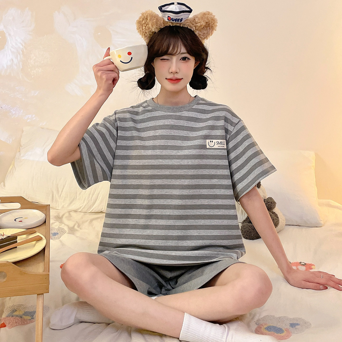 纯棉夏季条纹短袖大码女士家居服