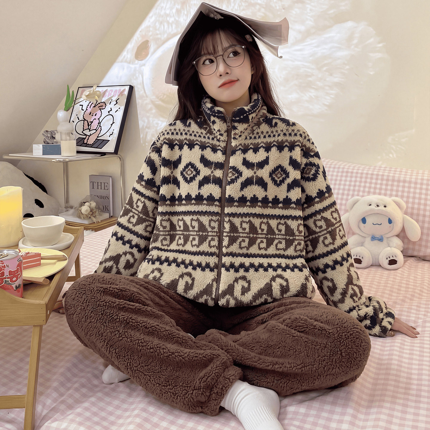 半边绒女款秋冬季加厚高中生睡衣