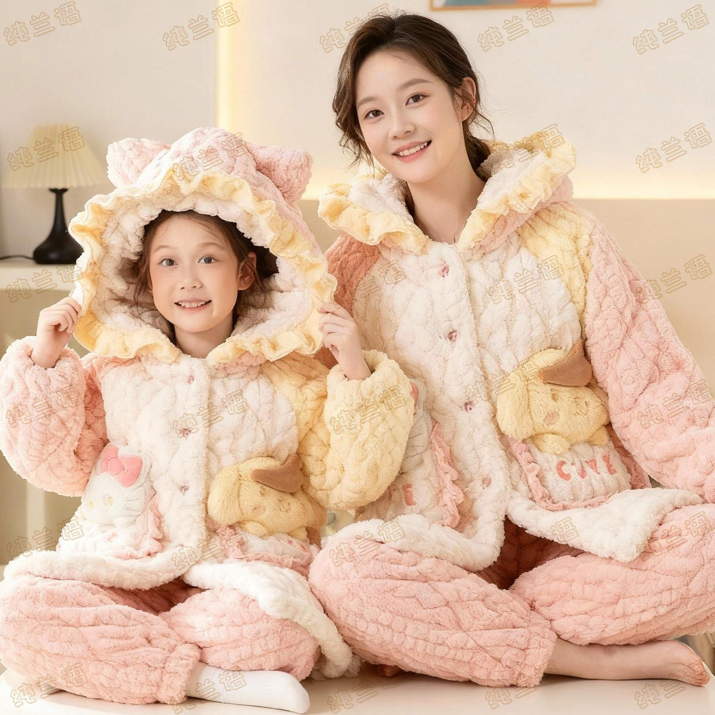 布丁狗亲子母女睡衣冬款女童三层夹棉加厚款珊瑚绒加绒家居服套装