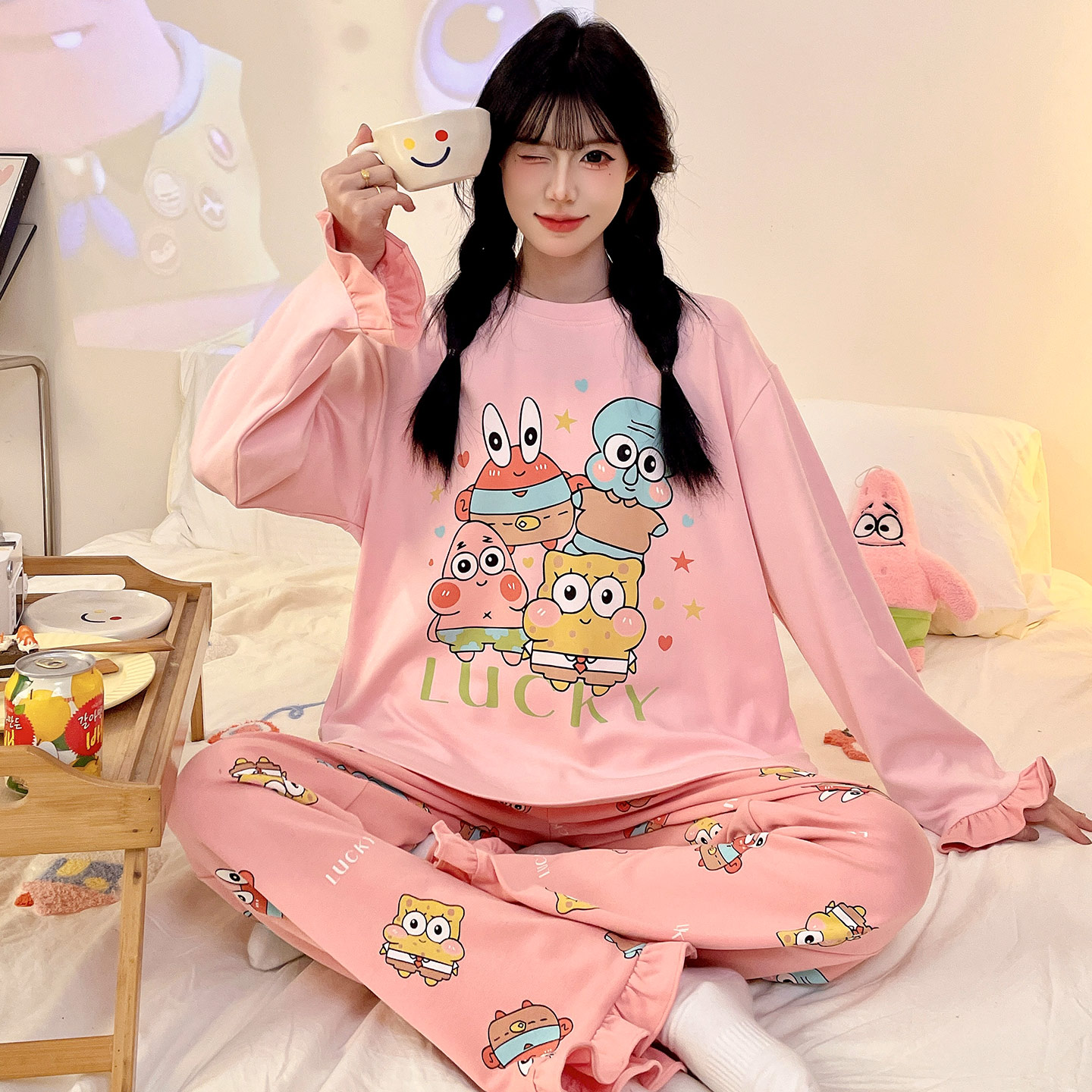 春秋季长袖女纯棉海绵宝宝家居服
