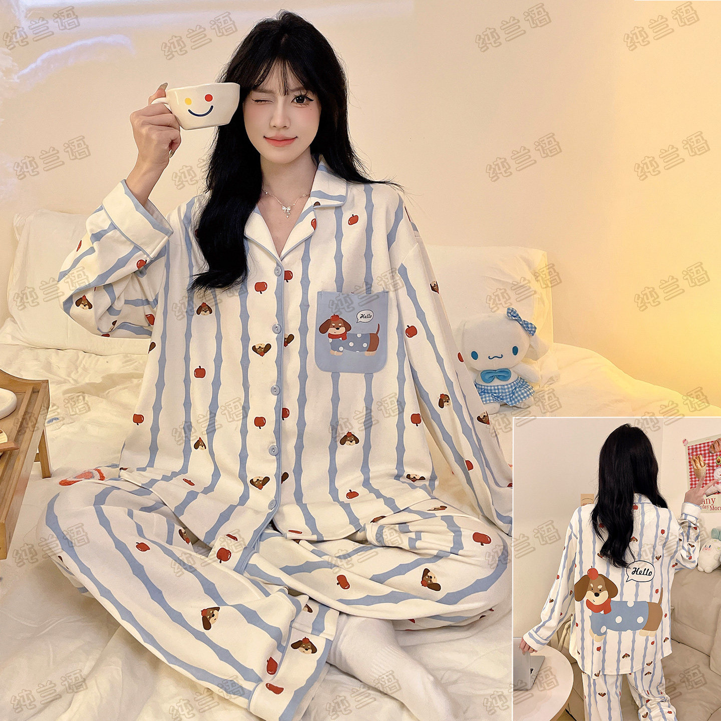 腊肠狗女秋季纯棉长袖翻领家居服
