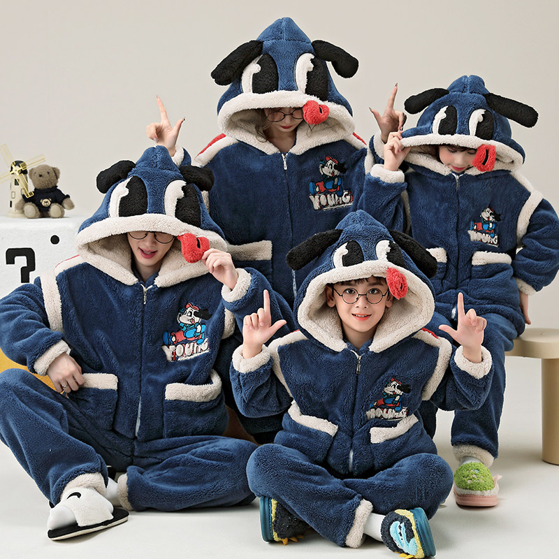 亲子睡衣史努比珊瑚绒一家三口四口儿童法兰绒秋冬季母女家居套装