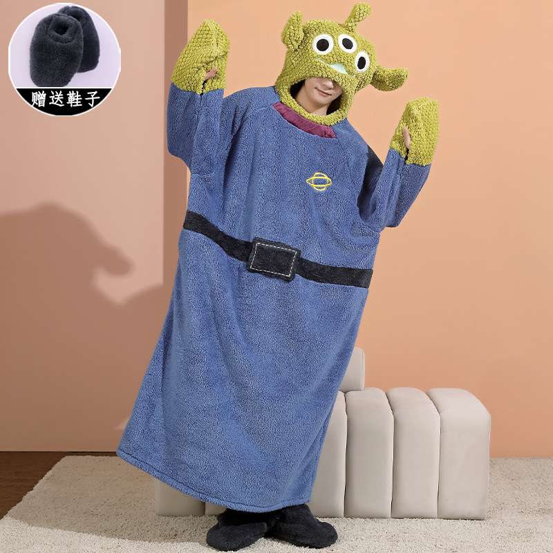 男款连体睡衣冬季三眼仔连帽睡袍