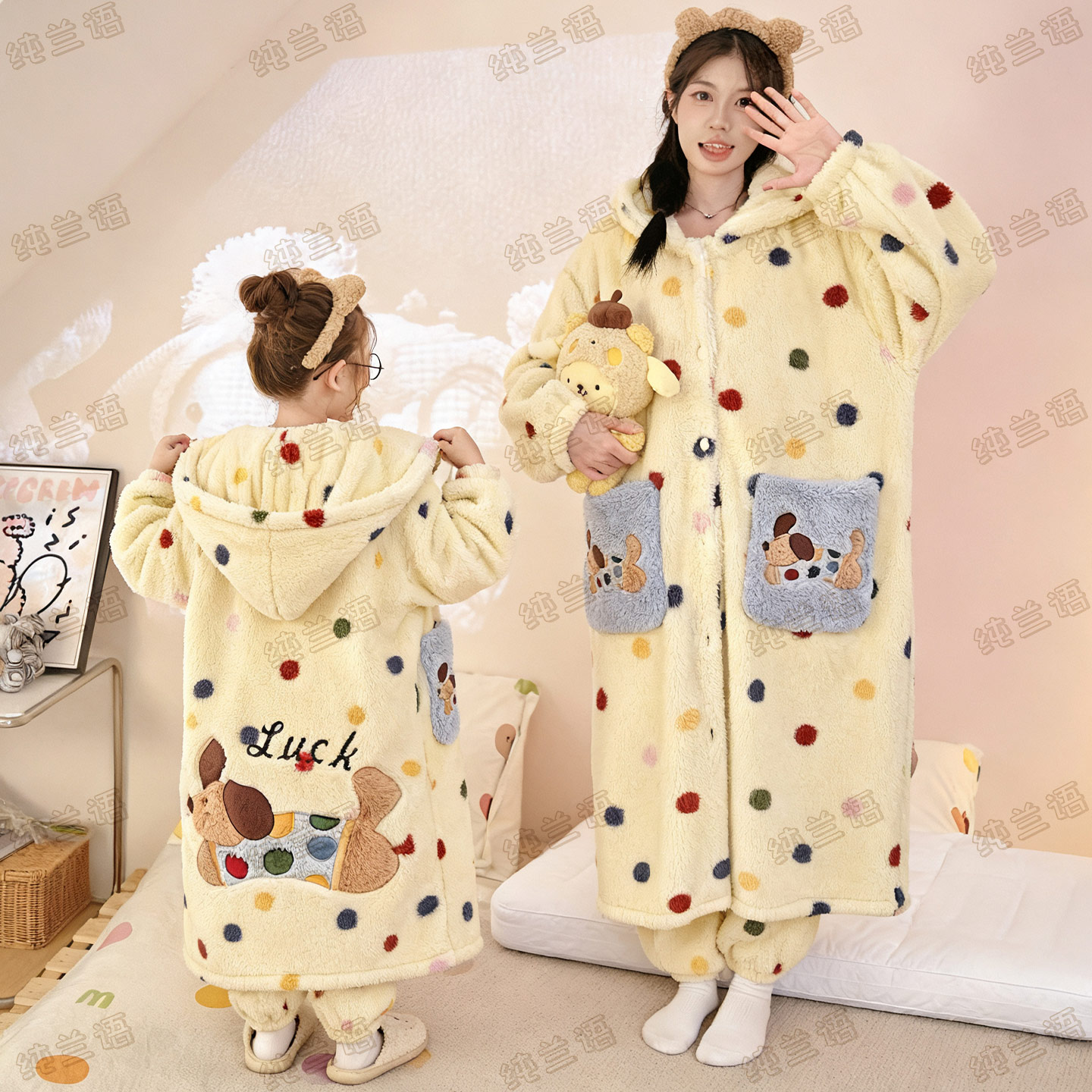 母女秋冬季腊肠狗加厚珊瑚绒睡袍