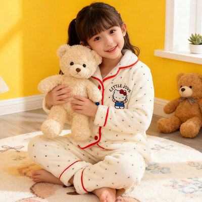 儿童睡衣秋冬季法兰绒KT猫家居服