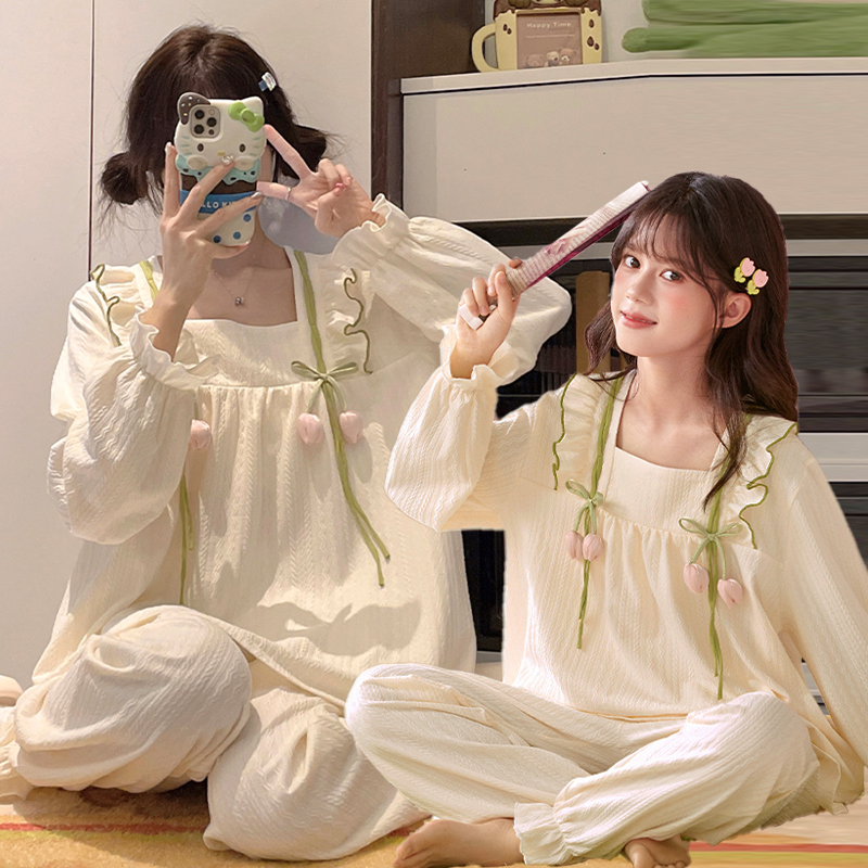 夏季亲子睡衣母女纯棉长袖带胸垫