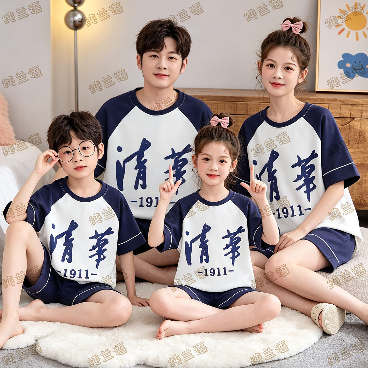 夏季一家四口纯棉短袖家居服套装