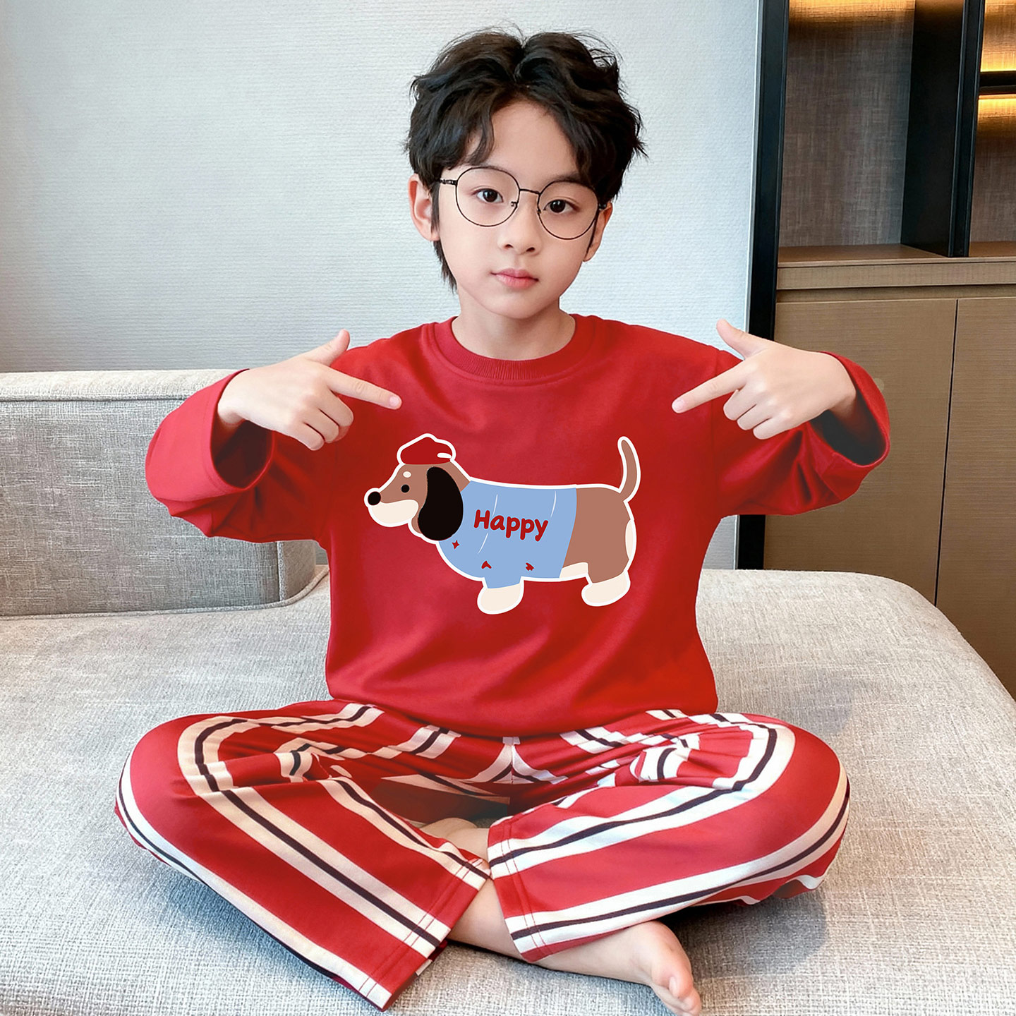 男童睡衣春秋纯棉红色本命年套装
