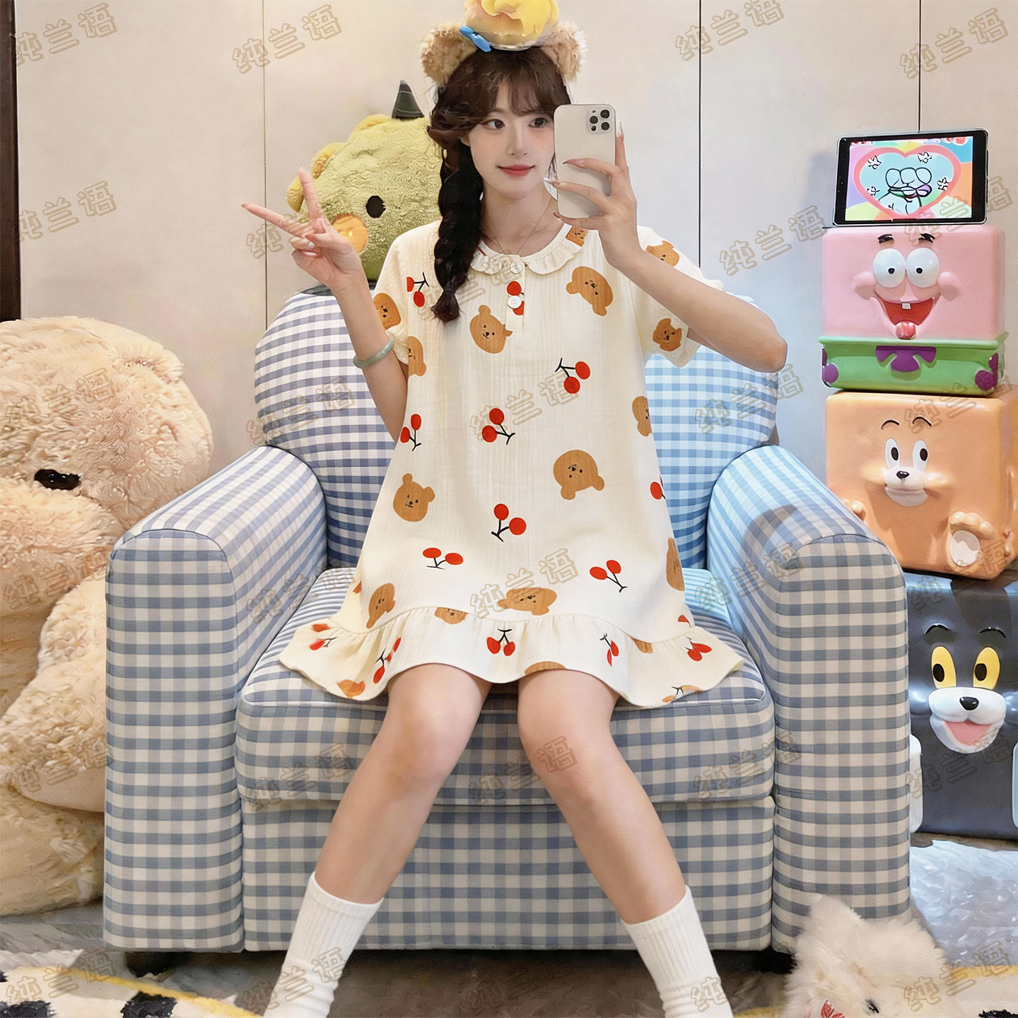 少女夏季棉纱短袖中长款卡通睡裙