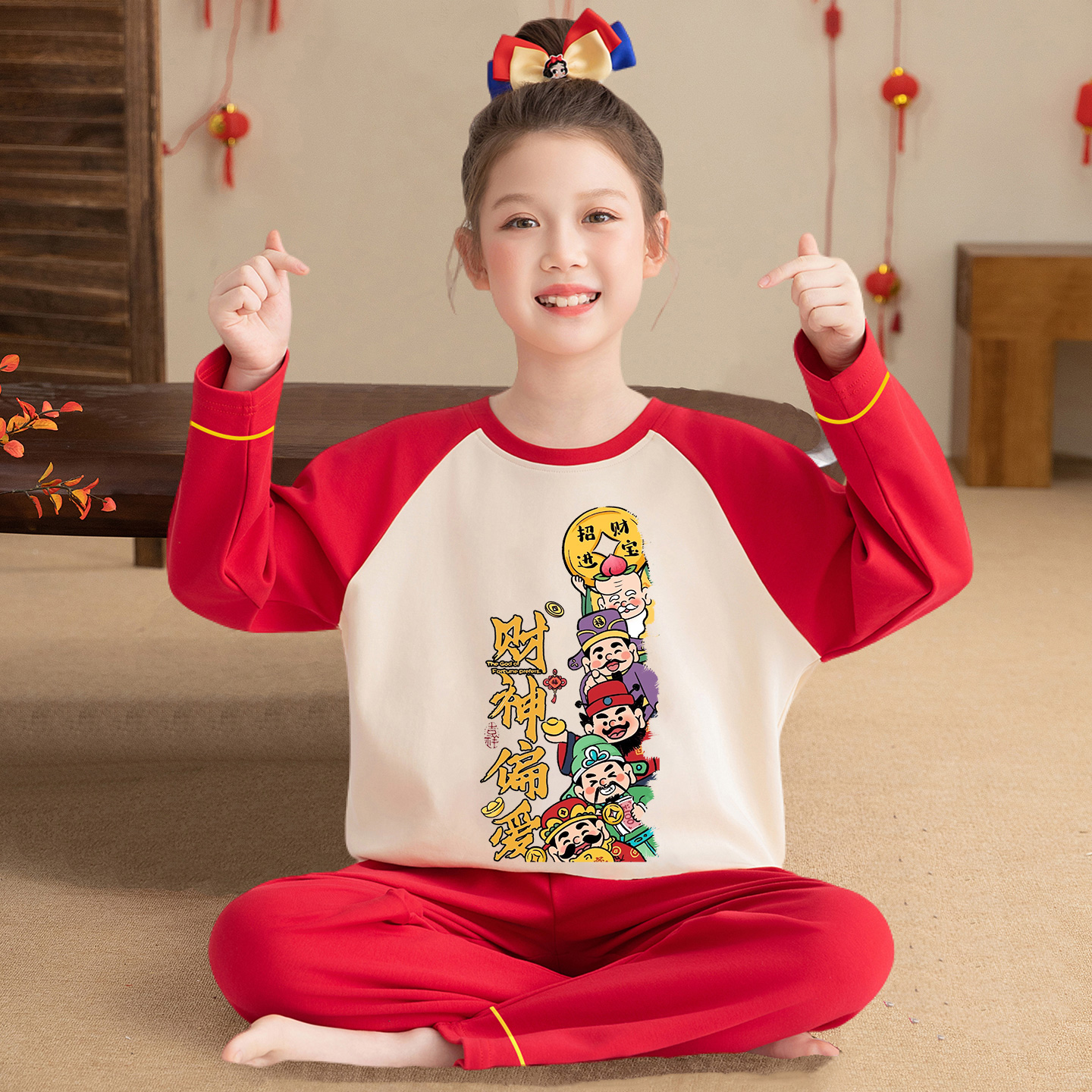 女童睡衣纯棉红色马年本命年套装