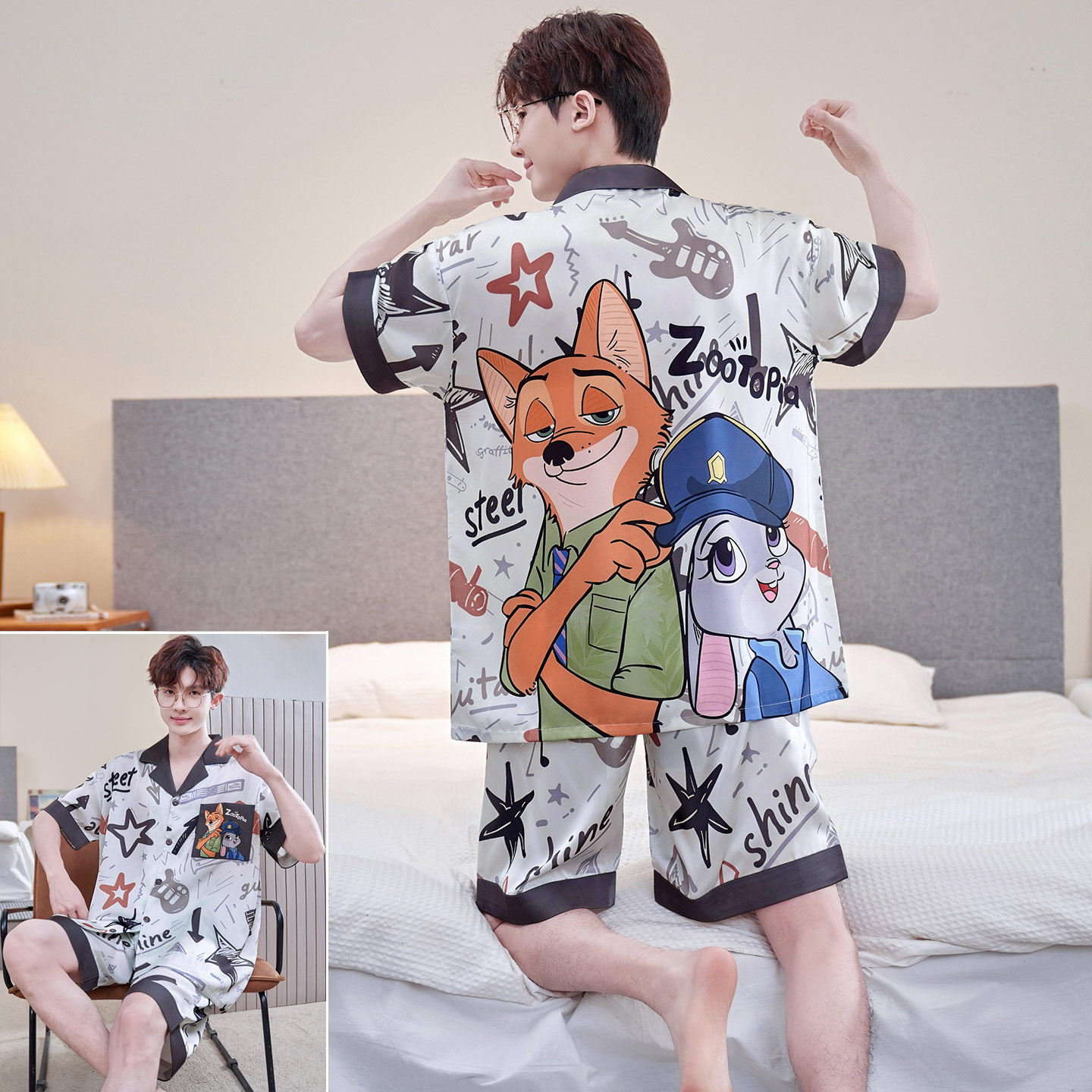 男款夏季冰丝短袖卡通大码家居服