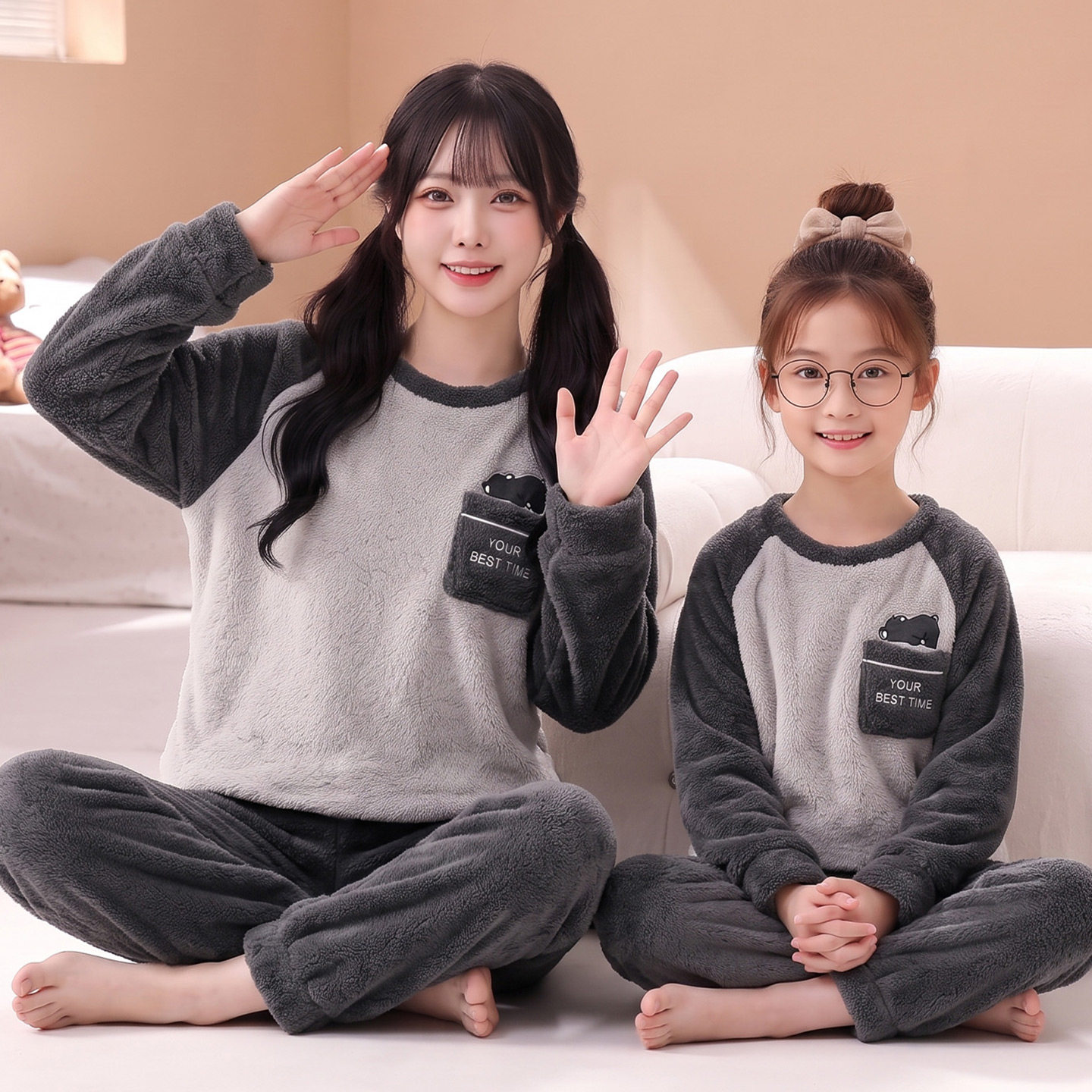 珊瑚绒母女睡衣秋冬季加厚家居服亲子装冬季休闲圆领女童儿童套装