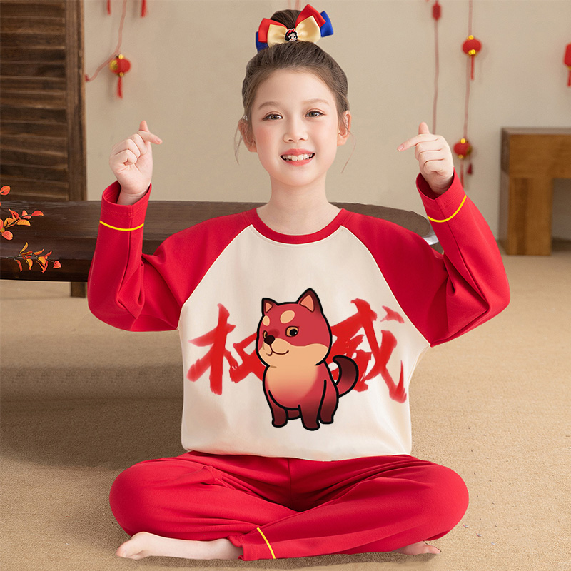 女童睡衣纯棉红色马年本命年套装