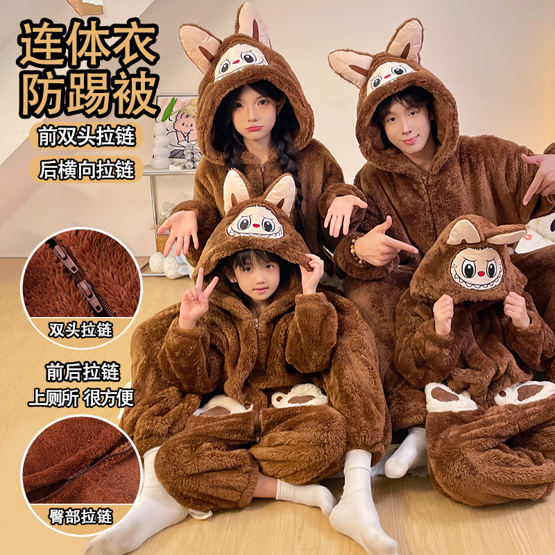 珊瑚绒睡衣连体拉布母女冬