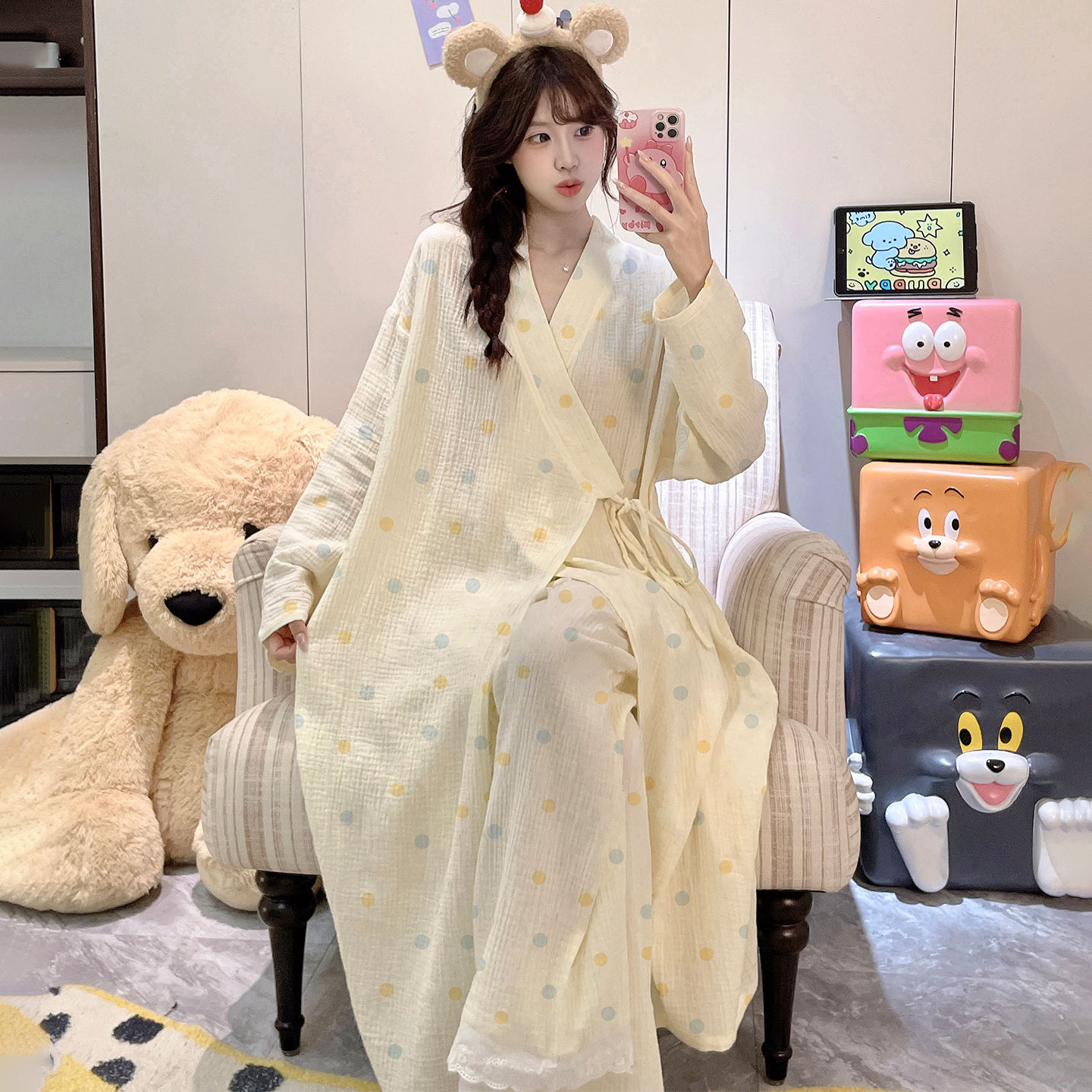 女纯棉学生休闲洗澡浴巾长袖浴袍