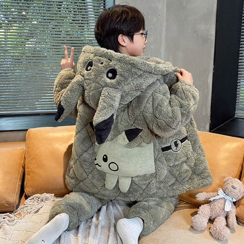 皮卡丘儿童睡衣冬季三层夹棉珊瑚加绒加厚款男孩童初中生连帽睡袍