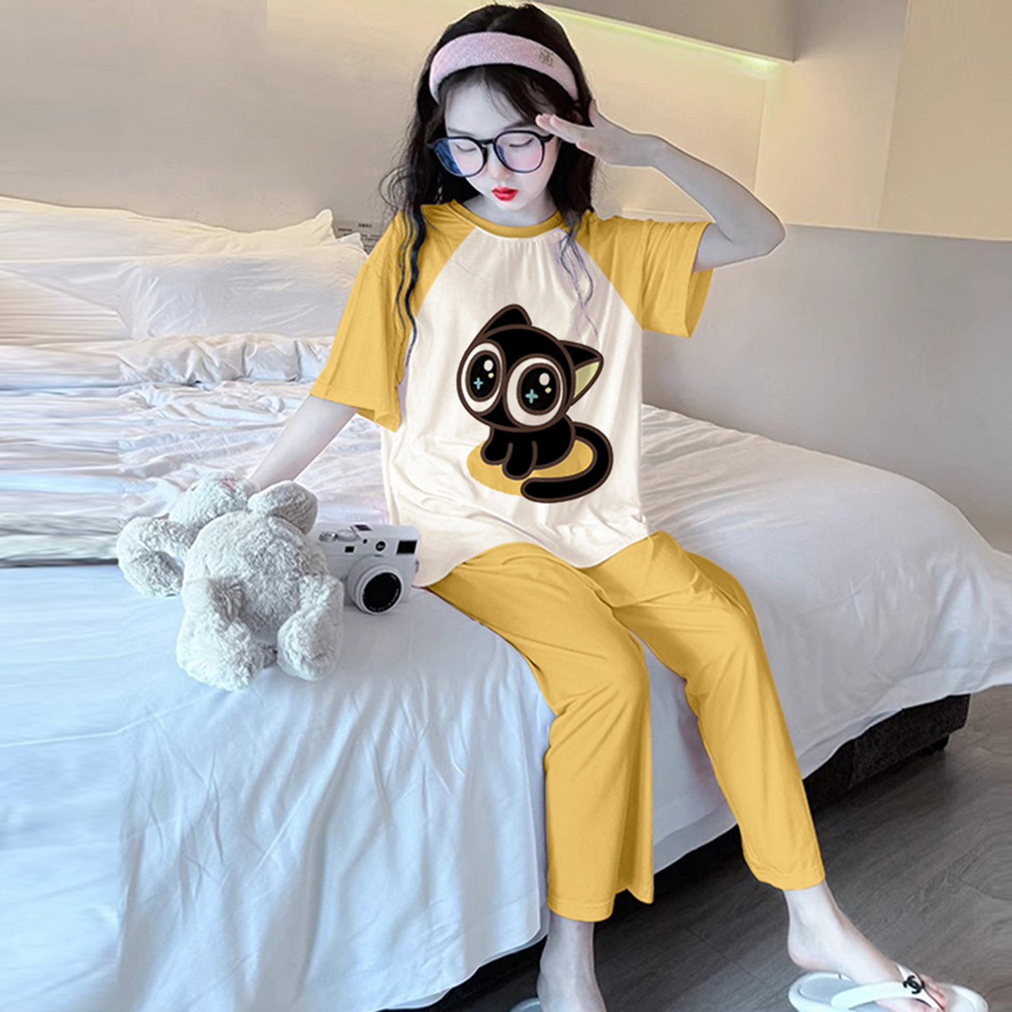 女孩睡衣夏季薄款莫代尔女童空调服七分袖冰丝儿童家居服套装夏天