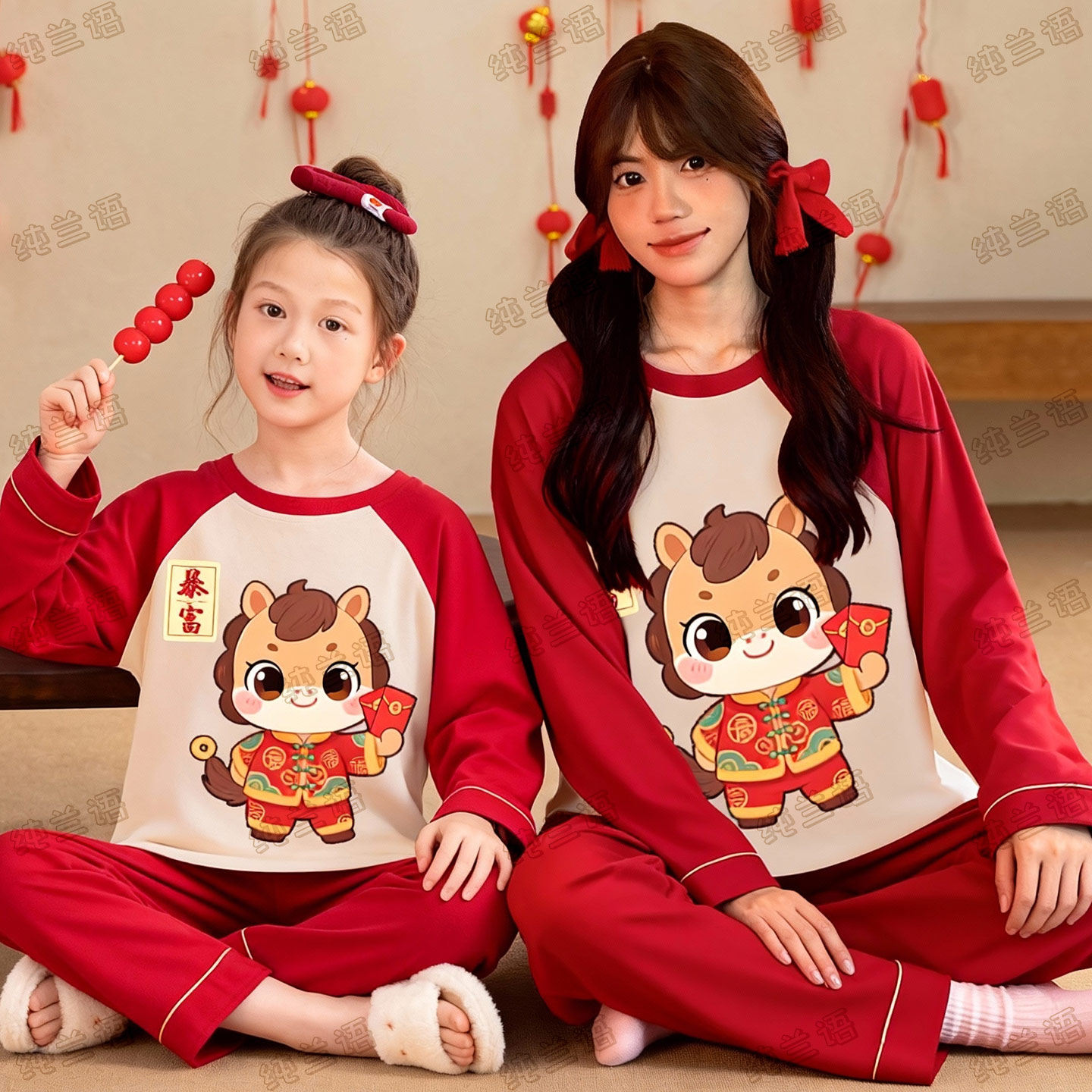 大红喜庆睡衣亲子母女装纯棉长袖春秋季款女孩大童新年家居服套装
