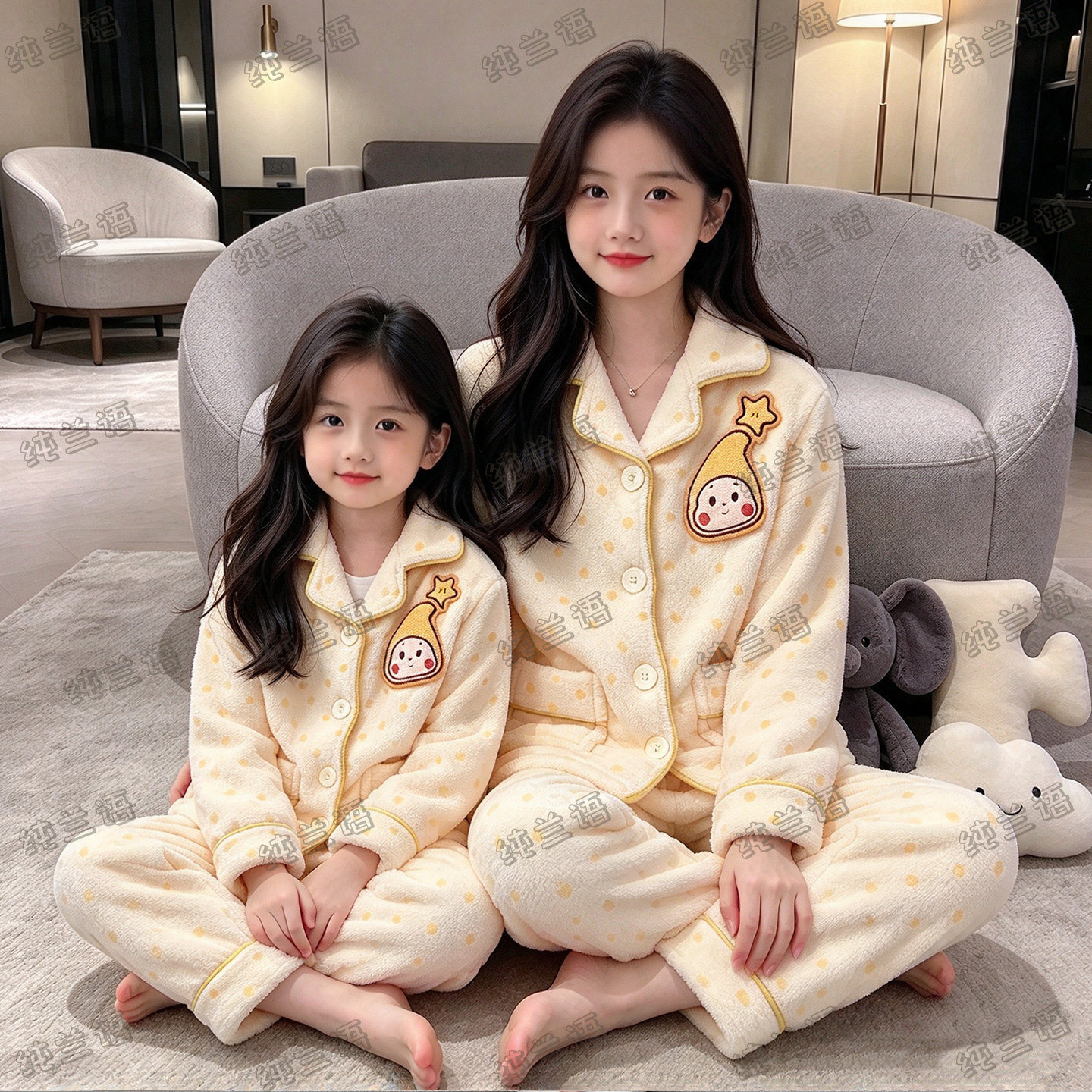 亲子儿童睡衣冬季款珊瑚绒可爱星星母女法兰绒女童洋气家居服套装