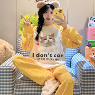搞笑睡衣女款秋冬季加厚空气夹层棉长袖可爱猫咪初高中学生家居服