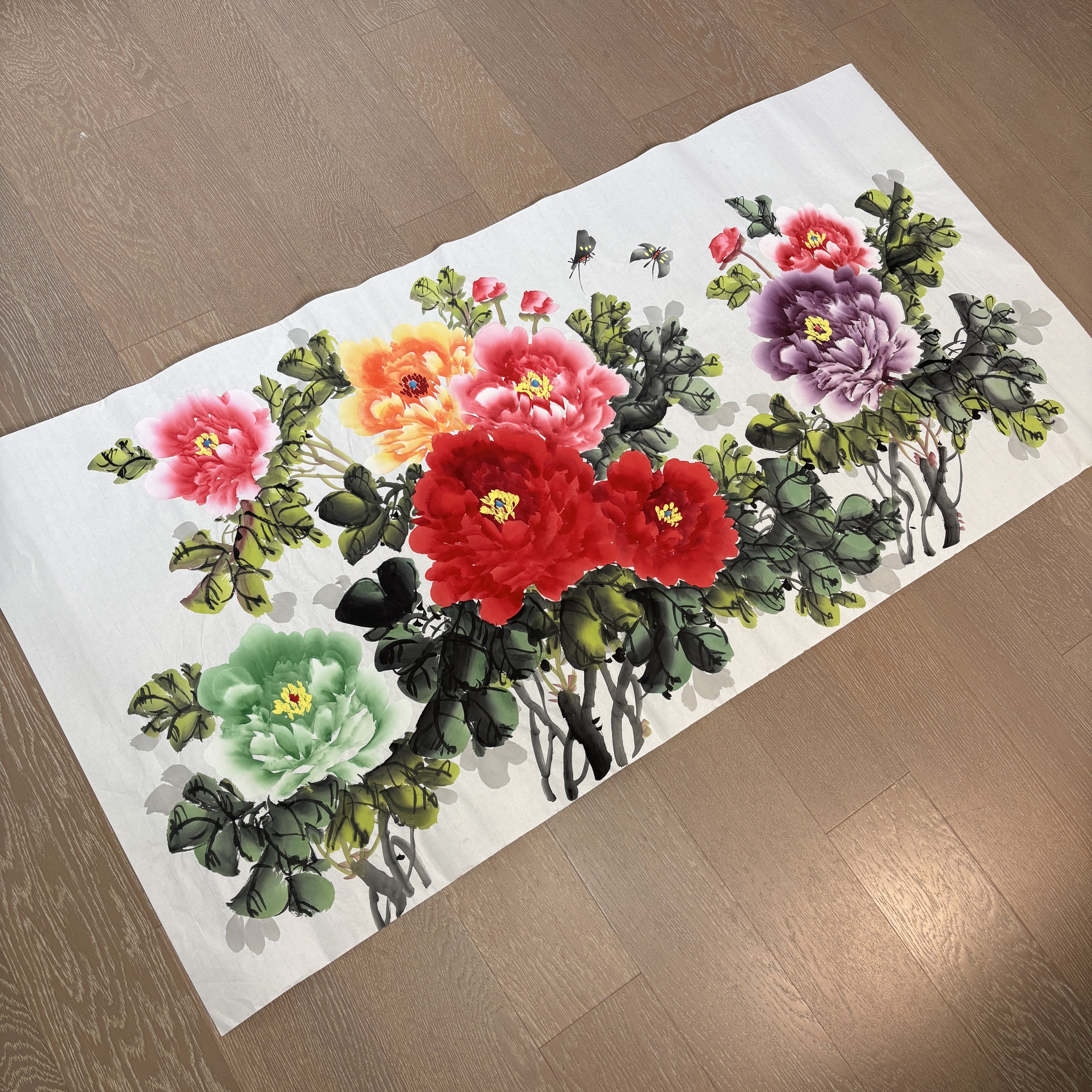 四尺横幅牡丹纯手绘宣纸画心中式国画沙发背景装饰画