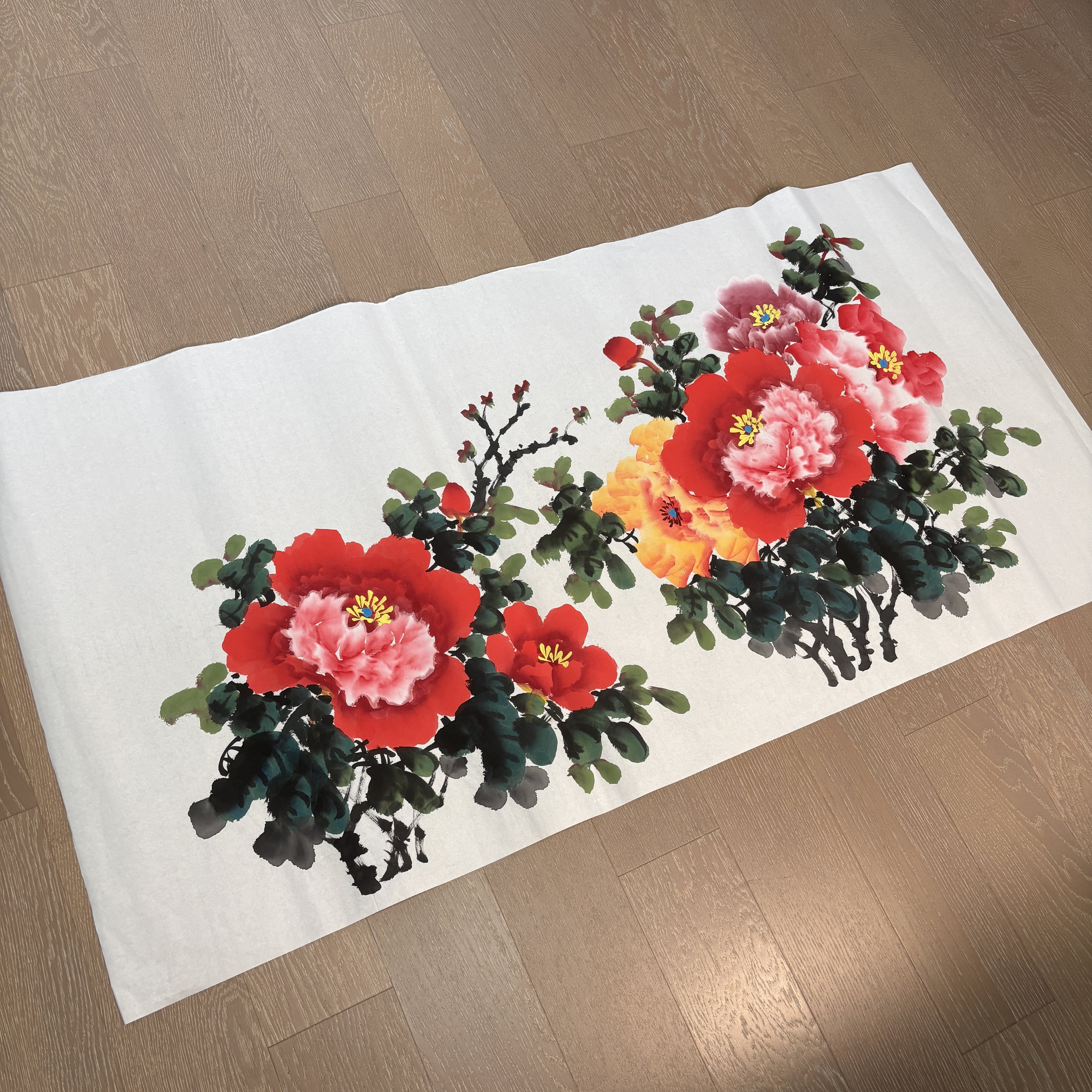 四尺横纯手绘宣纸国画牡丹客厅餐厅中式装饰画构图多样随机发