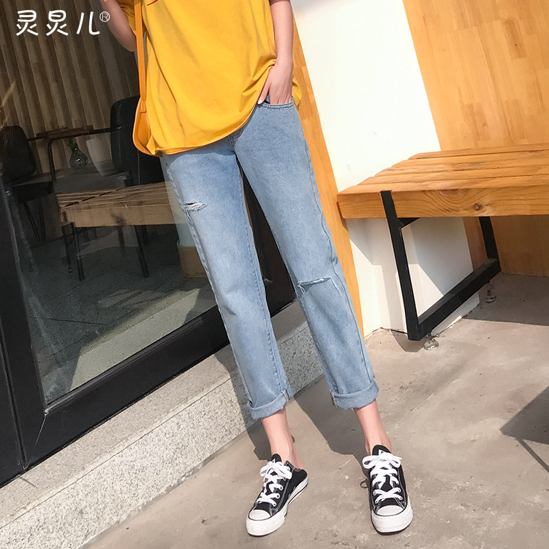 孕妇裤春夏2020新款牛仔裤时尚韩版破洞小直筒孕期托腹裤夏季裤子