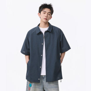 HOTRULES纯棉短袖格子衬衫男款夏季2026新款宽松休闲翻领衬衣外套
