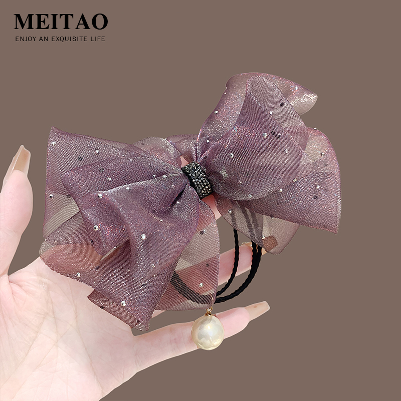 2025新款网红简约紫色大气头绳水钻点缀蝴蝶结马尾Ins风发绳头饰