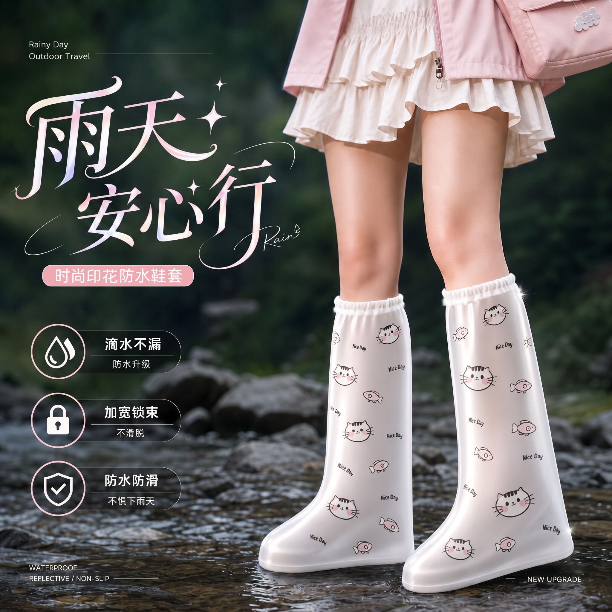 一次性防水鞋套加厚高筒印花鞋套图片