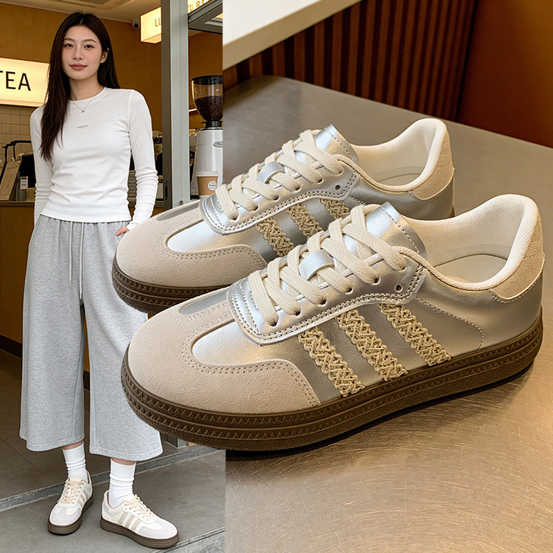 厚底蕾丝德训鞋女款2026新款春夏银色芭蕾风运动板鞋透气阿甘鞋女