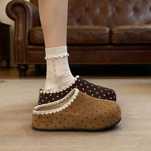 外穿防滑懒人勃肯鞋 舒适 女2026春季 复古波点可爱花边厚底包头拖鞋