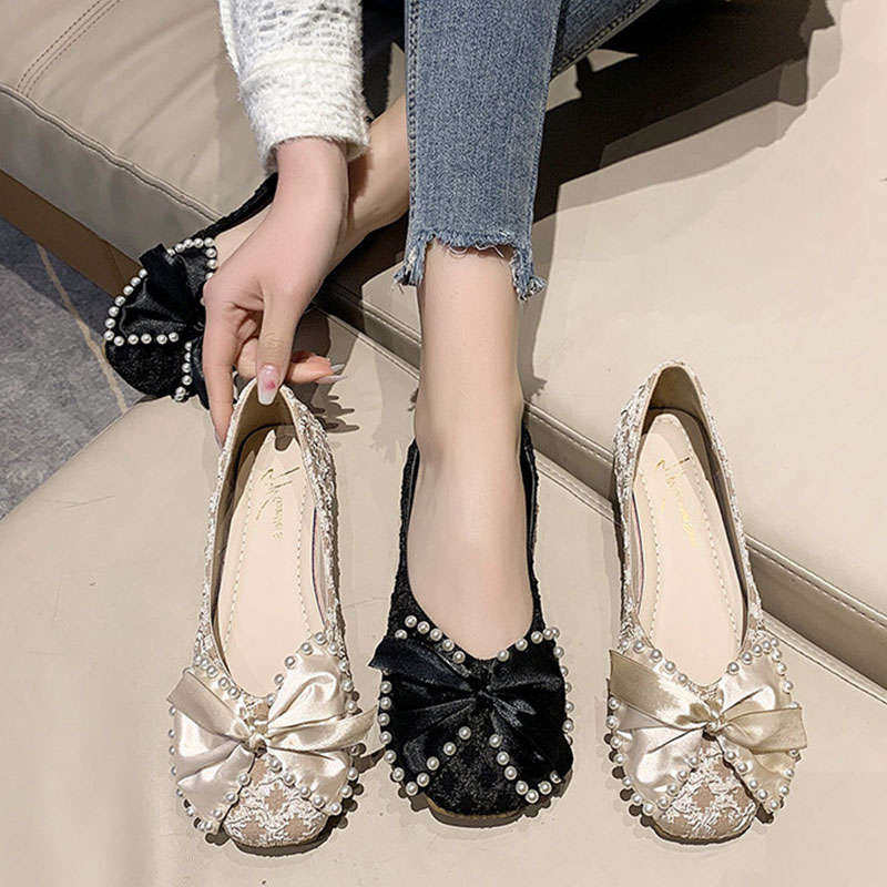 珍珠单鞋女浅口2026春夏季新款百搭配裙子蝴蝶结一脚蹬平底豆豆鞋