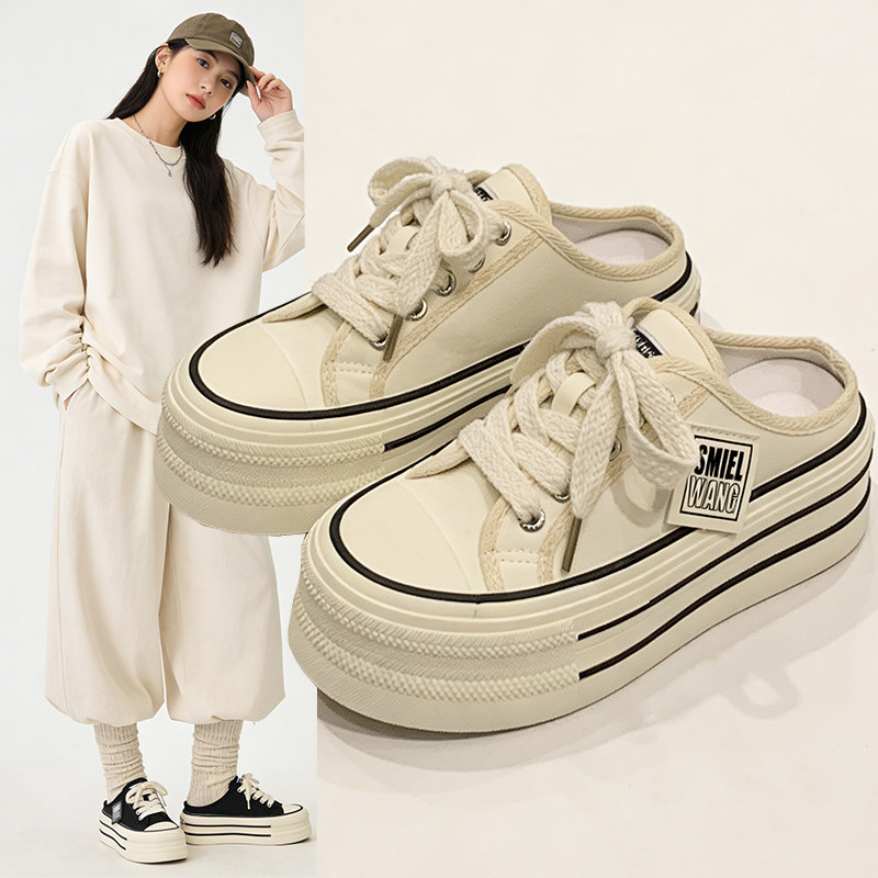 帆布半拖鞋女夏季外穿2026新款网红爆款高级感厚底增高无后跟懒人