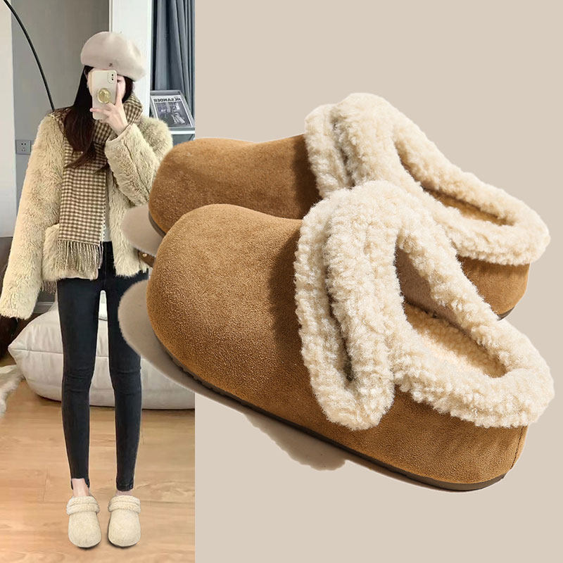 内增高厚底加绒勃肯鞋包头半拖毛毛鞋女款外穿2025秋冬新款棉拖鞋