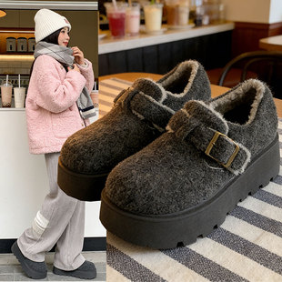 灰色毛呢增高厚底加绒加厚棉鞋女款2026新款冬季保暖勃肯鞋女鞋子