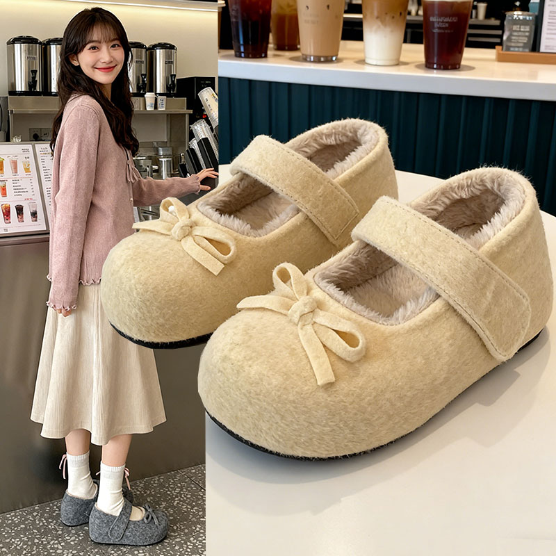 蝴蝶结内增高毛毛鞋外穿秋冬季新款魔术贴玛丽珍棉鞋加绒勃肯鞋子