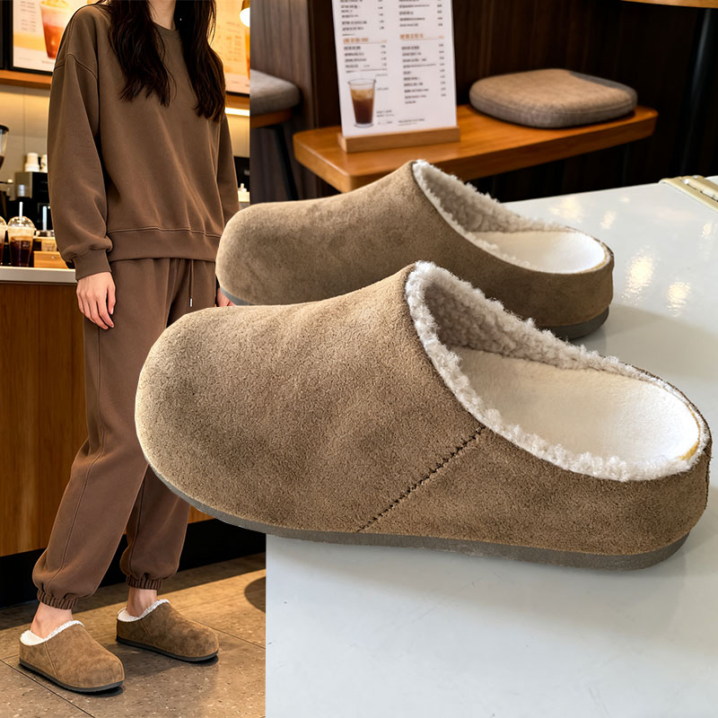 加绒包头半拖鞋穆勒博肯棉拖女韩版新款秋冬外穿厚底内增高勃肯鞋