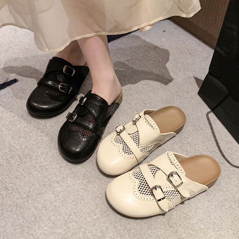 包头半拖鞋女外穿2026新款夏季网面透气配裙子复古厚底勃肯凉拖鞋