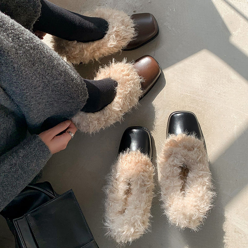 时尚方头毛毛鞋一脚蹬复古加绒保暖玛丽珍小皮鞋棉鞋粗跟休闲单鞋
