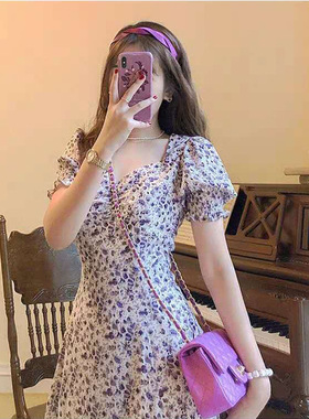 SHE ER绝美气质桔梗轻熟收腰碎花连衣裙女装春秋2024新款紫色长款